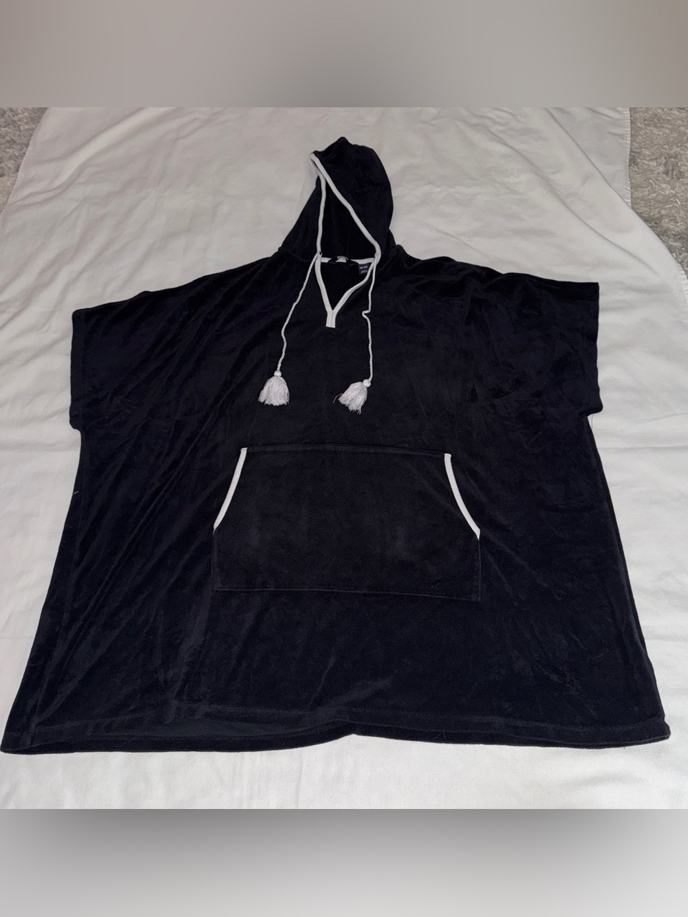 Women’s Black Hooded Poncho Cover-Up with White Trim